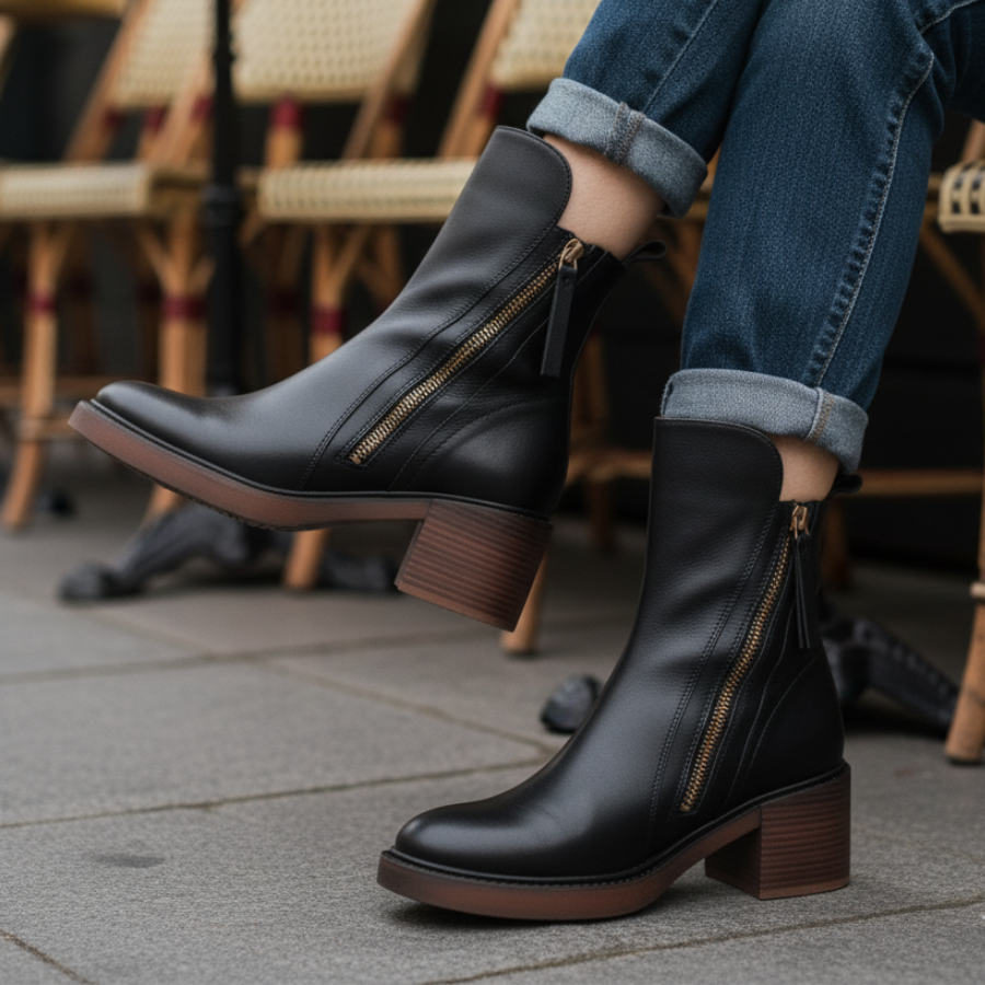 Valorine™ | Black leather boot with a comfortable heel, elegant and timeless