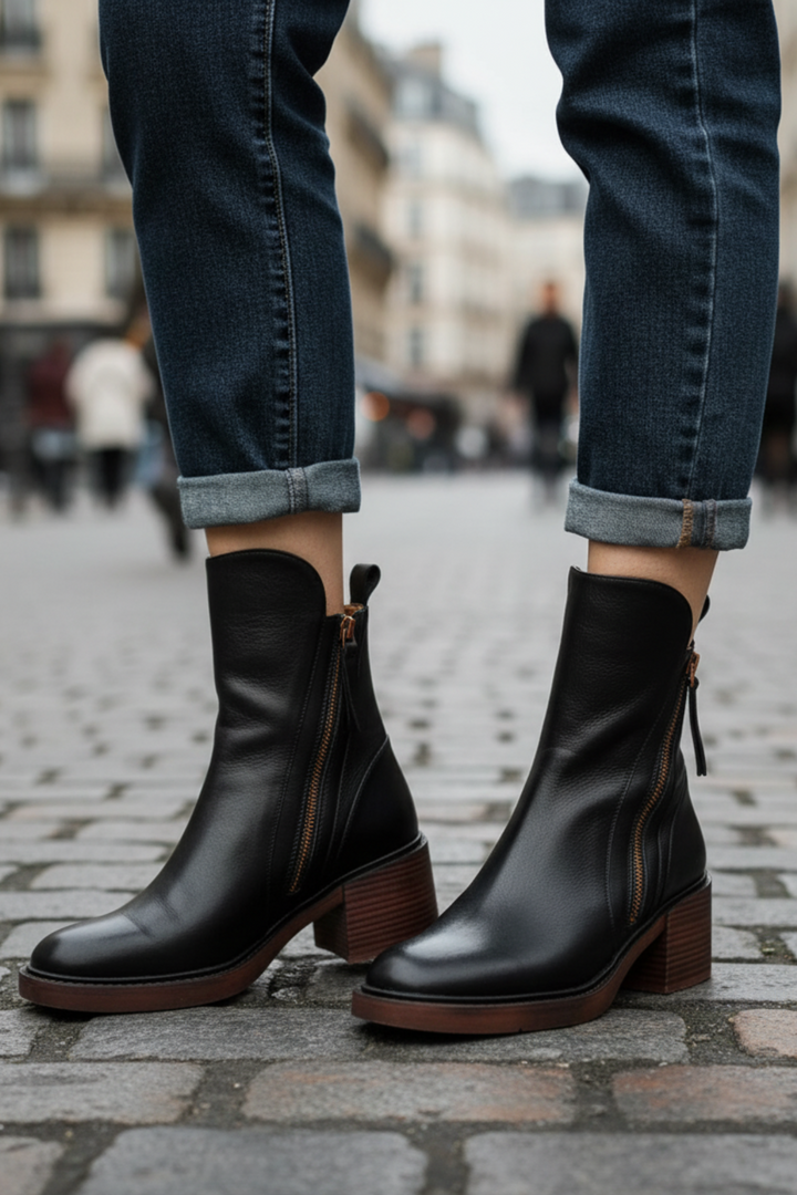 Valorine™ | Black leather boot with a comfortable heel, elegant and timeless