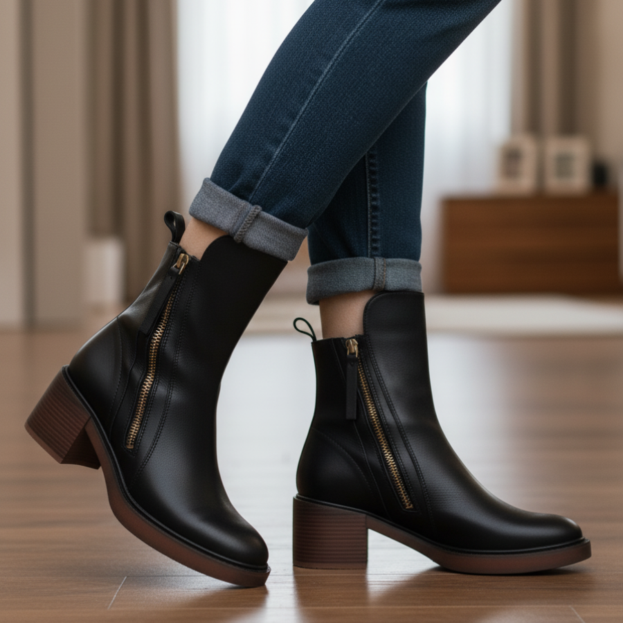 Valorine™ | Black leather boot with a comfortable heel, elegant and timeless