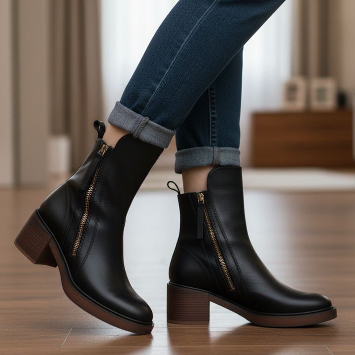 Valorine™ | Black leather boot with a comfortable heel, elegant and timeless