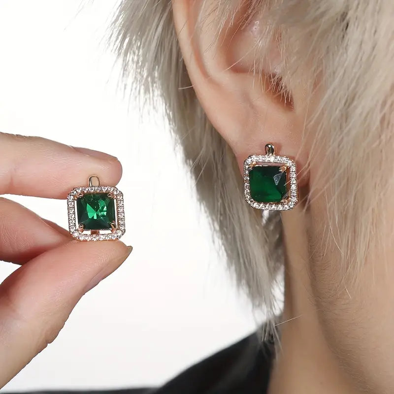 Earrings zirconia carré vert doré