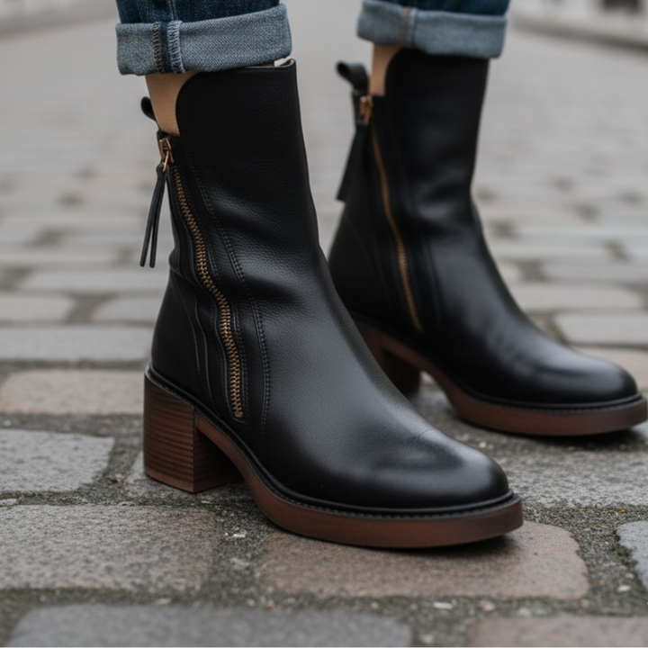 Valorine™ | Black leather boot with a comfortable heel, elegant and timeless