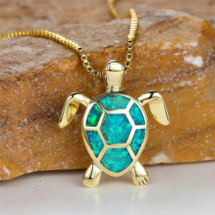 Vintage Gold Green Fire Opal Turtle Pendant