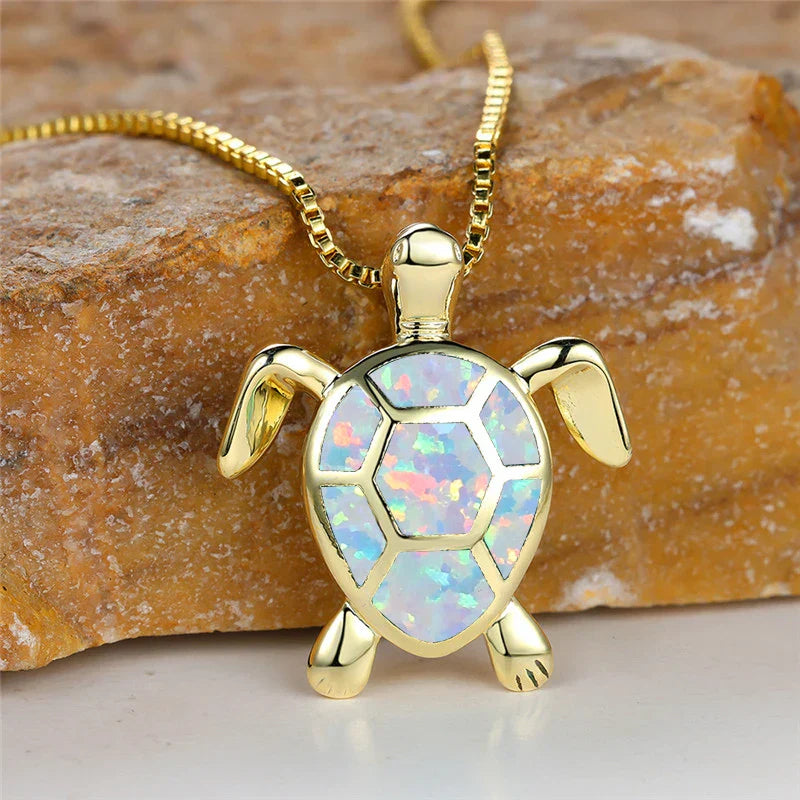 Vintage Gold Green Fire Opal Turtle Pendant