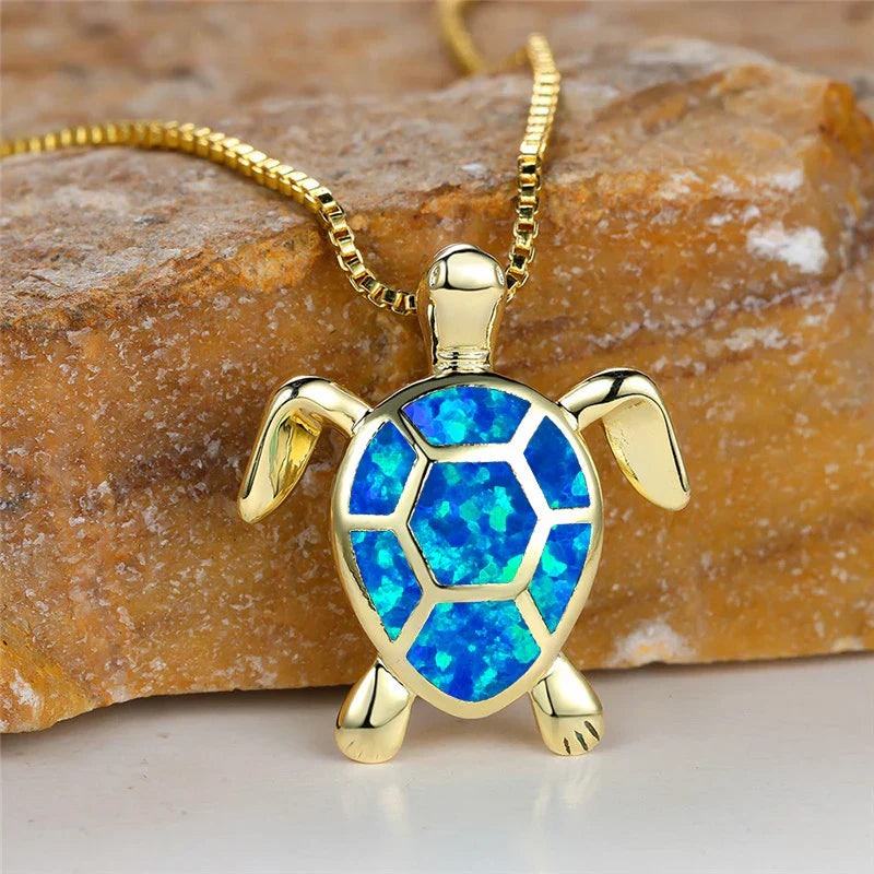 Vintage Gold Green Fire Opal Turtle Pendant