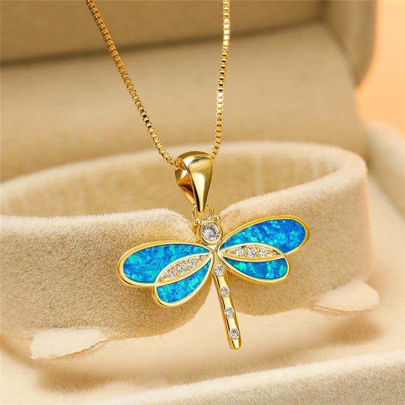 Gold Dragonfly Pendant Necklace with Opal Detail