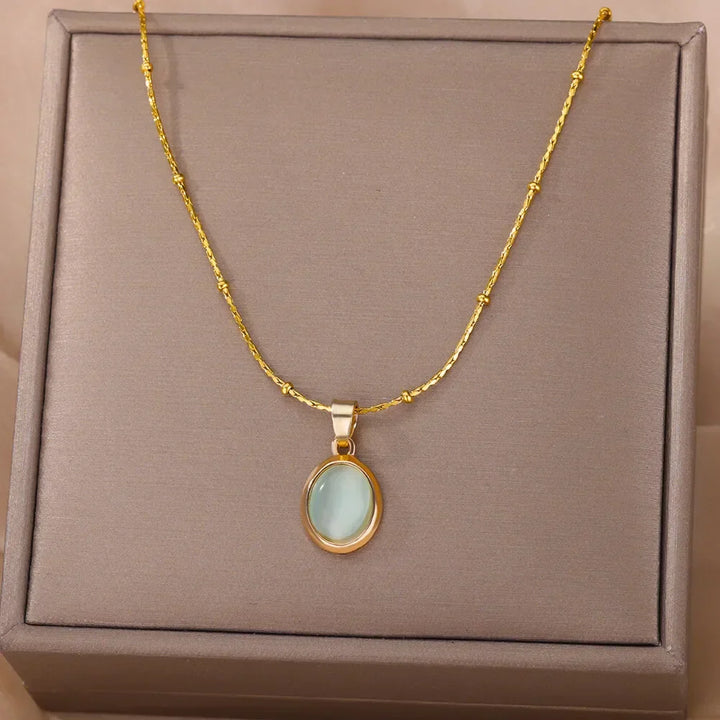 Chic Gold Stainless Steel Water Drop Opal Pendant Necklace