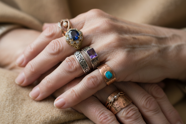 A HAND FROM A WOMAN WITH A LOT RINGS FROM AN OLD WOMAN