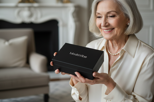 A OLD WOMAN WITH A BOX OF JEWERLY BLACK MINIMAL WITH NAME MODAVIBE