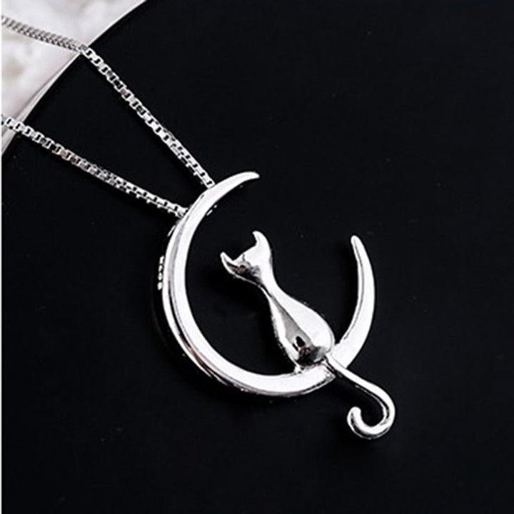 Elegant Crescent Moon and Cat Necklace