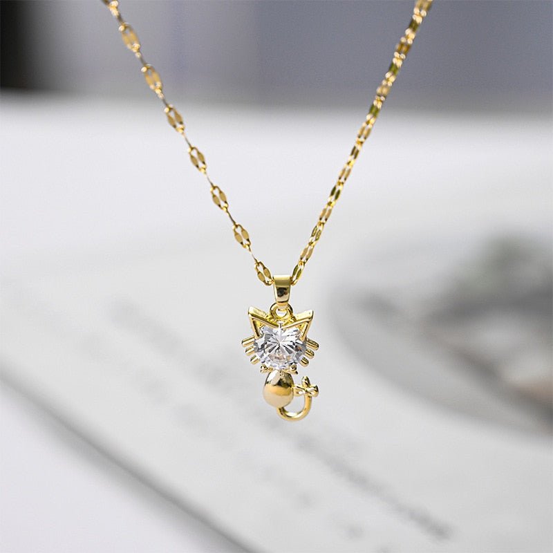 Gold-Plated Cat Necklace with Zircons