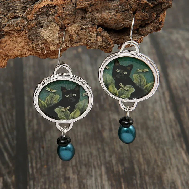 Vintage Drop Earrings with Tropical Black Cat