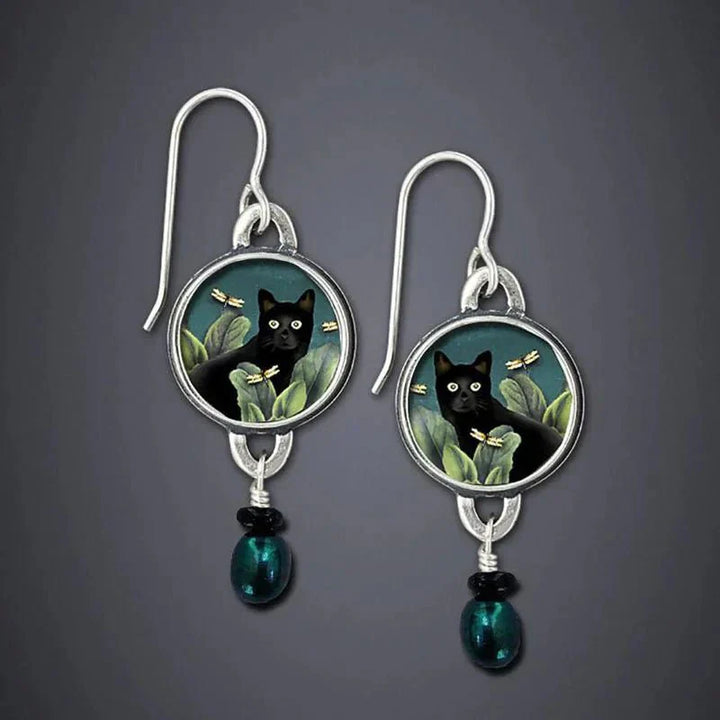 Vintage Drop Earrings with Tropical Black Cat
